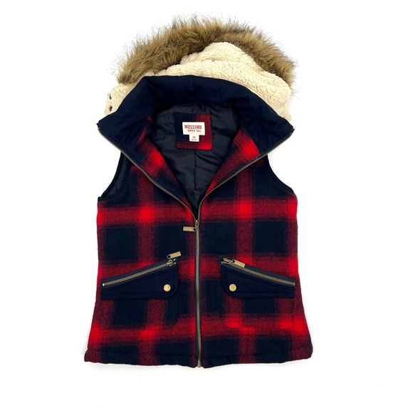Mossimo Navy Burgundy Plaid Sherpa Faux Fur Fall Vest Size Small Zippered Hood - Picture 5 of 8